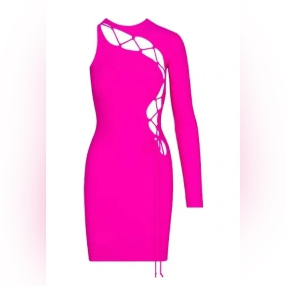 Skims fuchsia hot pink lace up one arm bodycon mini dress - Picture 3 of 5